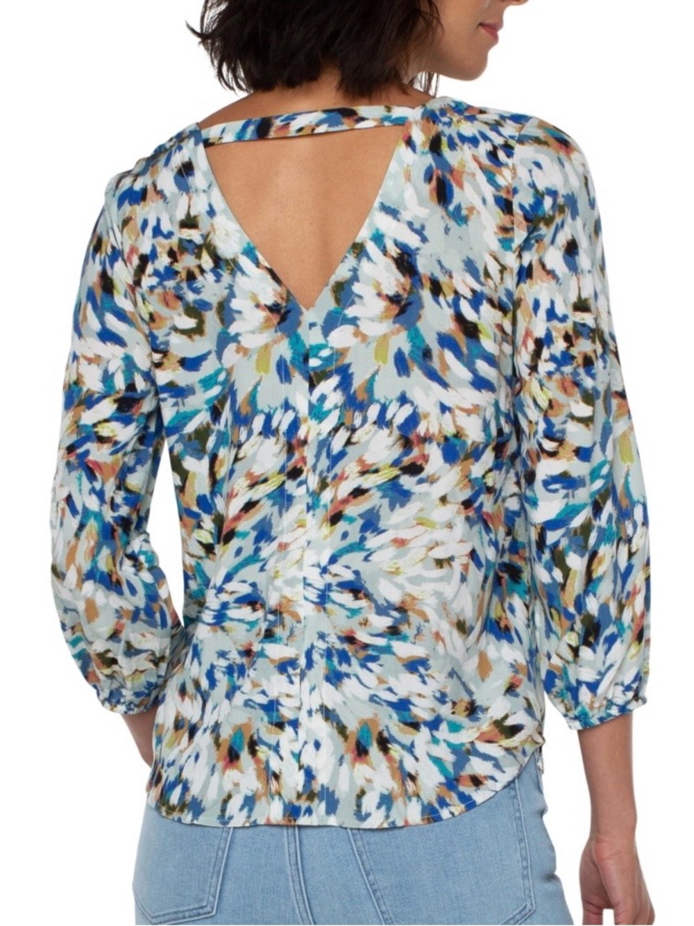 Liverpool Abstract Brushstroke V-Neck Blouse - White,‎ Blue, Tan Sz 1X